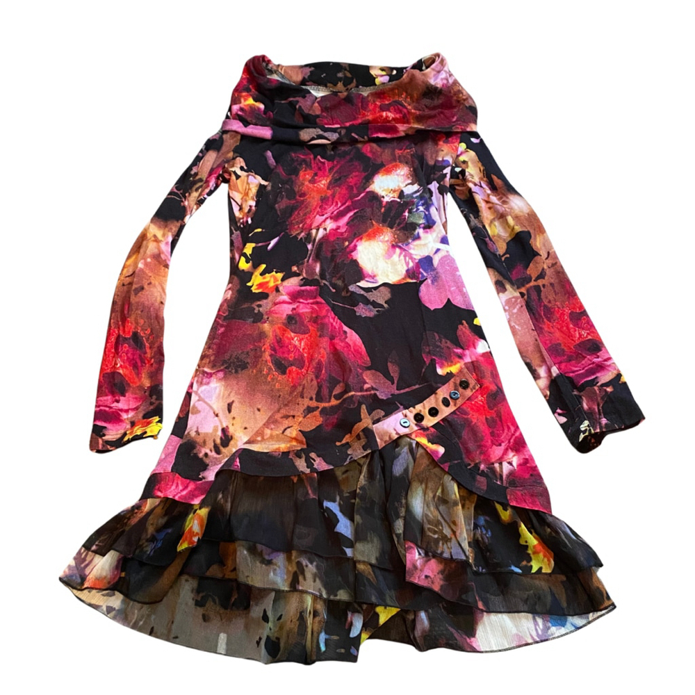 Women's Dolce Vita Floral Dress Size M Black Pink Floral Ruffle Knit Micro Mesh